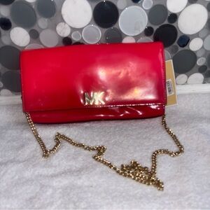Michael Kors Glossy Red Clutch with Gold Chain